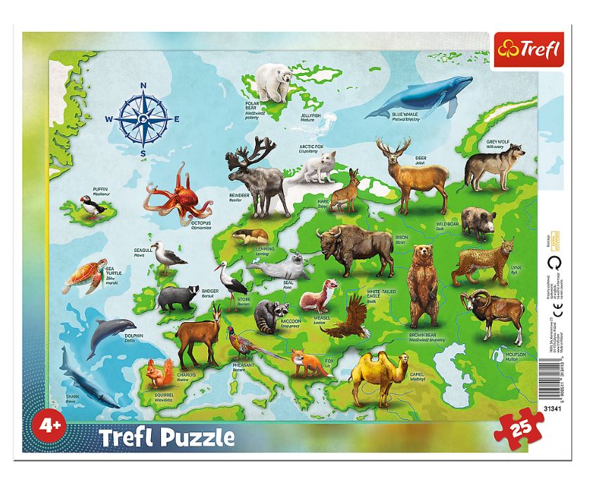 PUZZLE Ramkowe 25 Mapa Europy ze zwierzętami 31341