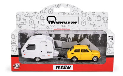 Fiat 126p żółty + przyczepa kempingowa Niewiadów K-607