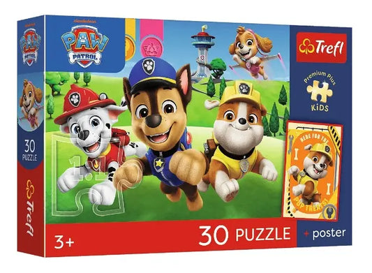Puzzle Premium Plus Kids Psi Patrol 30 el, Psiaki w drodze i kolekcjonerski plakat