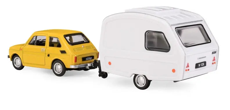Fiat 126p żółty + przyczepa kempingowa Niewiadów K-607