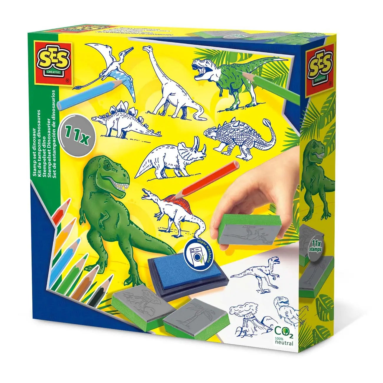 Pieczątki + kredki dinozaury
