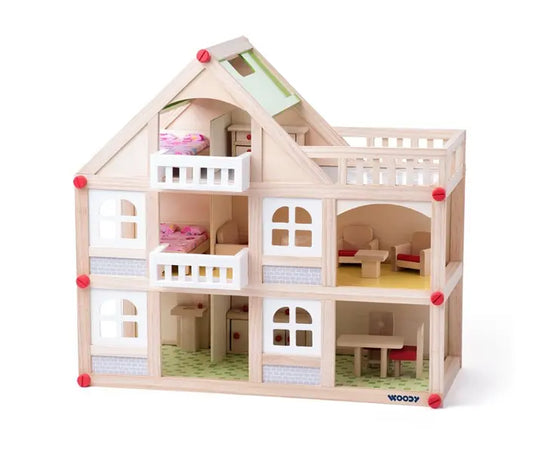 Domek dla lalek dwupiętrowy z balkonem + akcesoria