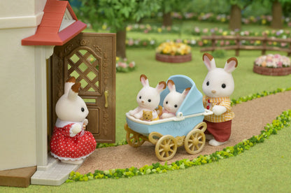 Sylvanian zestaw z bliźniakami królików z czekoladowymi uszkami i wózek dziecięcy