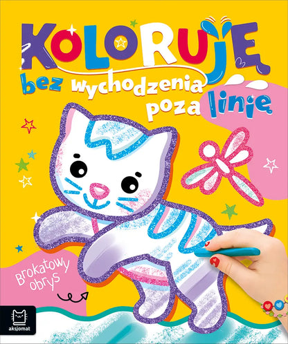 Koloruję bez wychodzenia poza linię brokatowy obrys z kotkiem