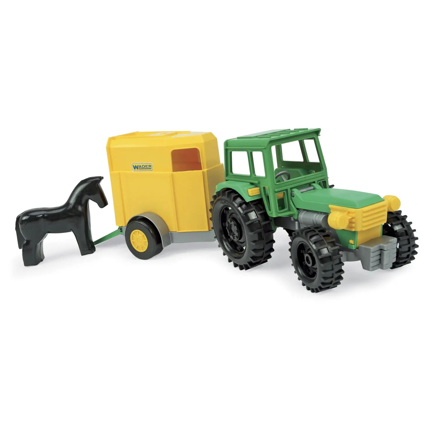 Farmer traktor z przyczepą na konia