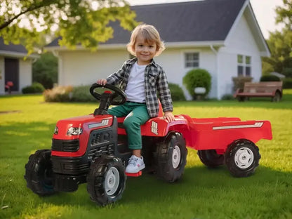 Traktor na pedały z przyczepą, czerwony