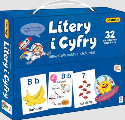 Litery i cyfry obrazkowe karty edukacyjne