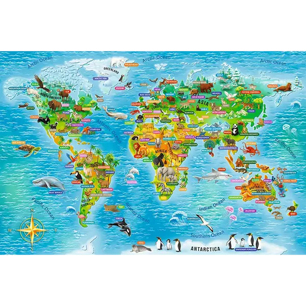 Puzzle Rodzina Treflików, Edukacyjne 104 el. Mapa świata ze zwierzętami