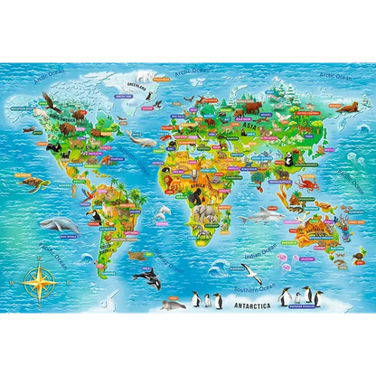 Puzzle Rodzina Treflików, Edukacyjne 104 el. Mapa świata ze zwierzętami