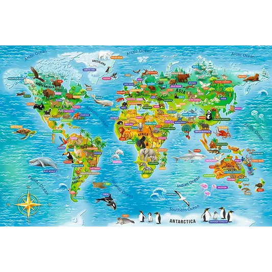 Puzzle Rodzina Treflików, Edukacyjne 104 el. Mapa świata ze zwierzętami
