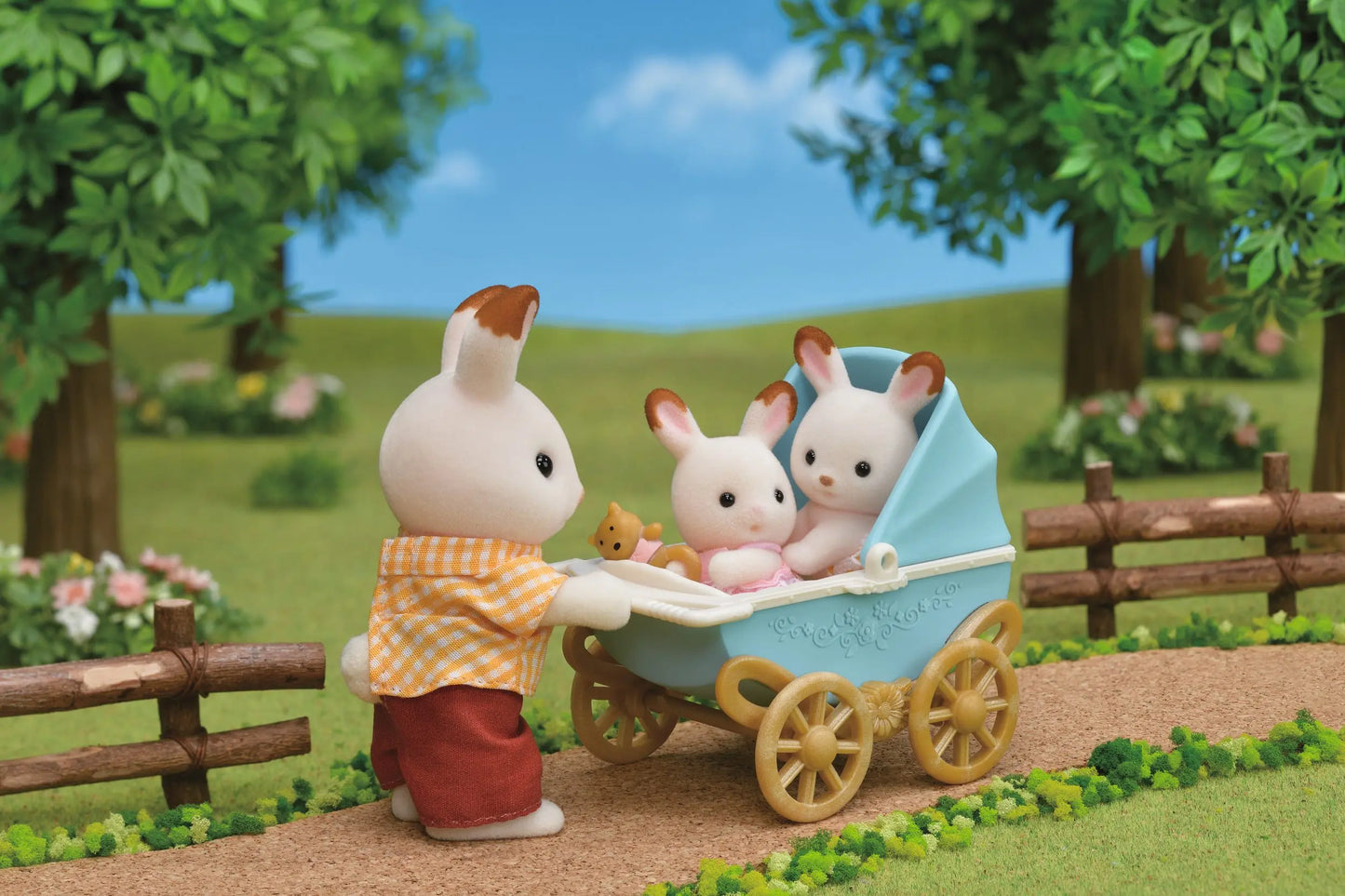 Sylvanian zestaw z bliźniakami królików z czekoladowymi uszkami i wózek dziecięcy