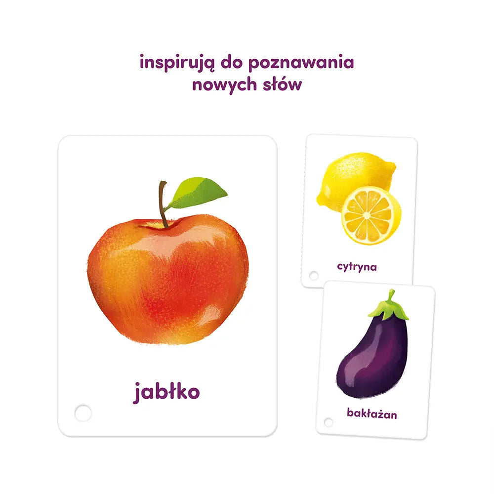 Karty obrazkowe na sznureczku owoce i warzywa 12m+