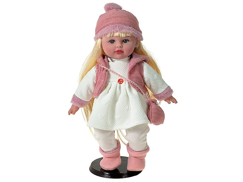 Lalka blondynka 40cm, w zimowym ubranku, śpiewa i mówi po polsku