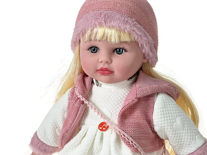 Lalka blondynka 40cm, w zimowym ubranku, śpiewa i mówi po polsku