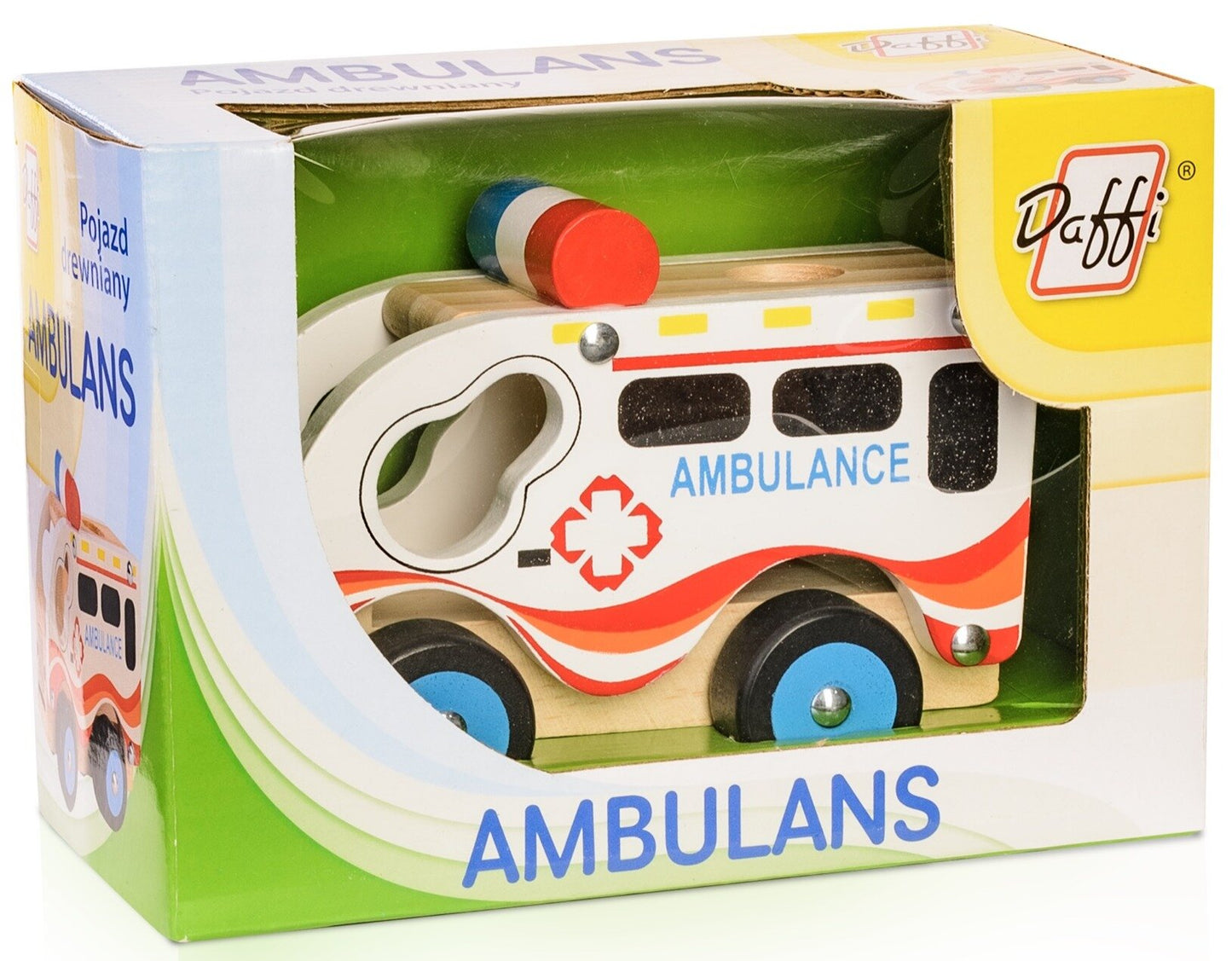 Drewniane auto z oponami ambulans