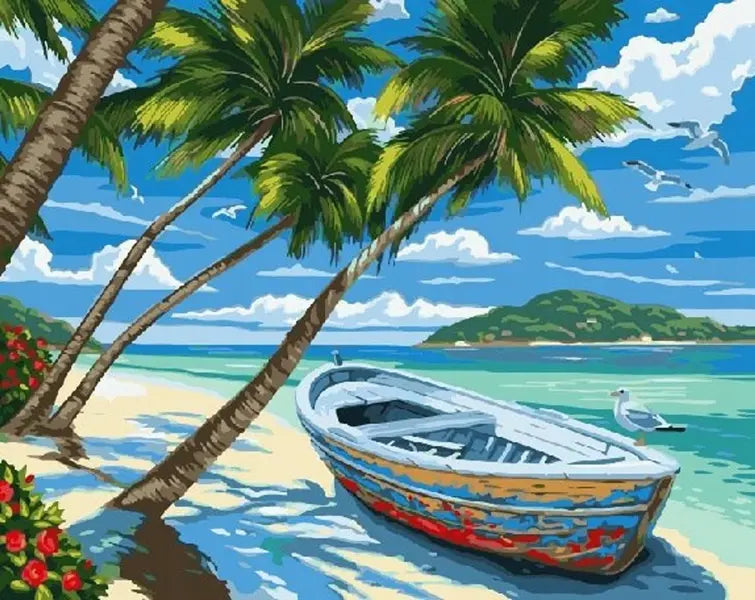 Diamentowa mozaika - Plaża z palmami, łódka 30x40cm
