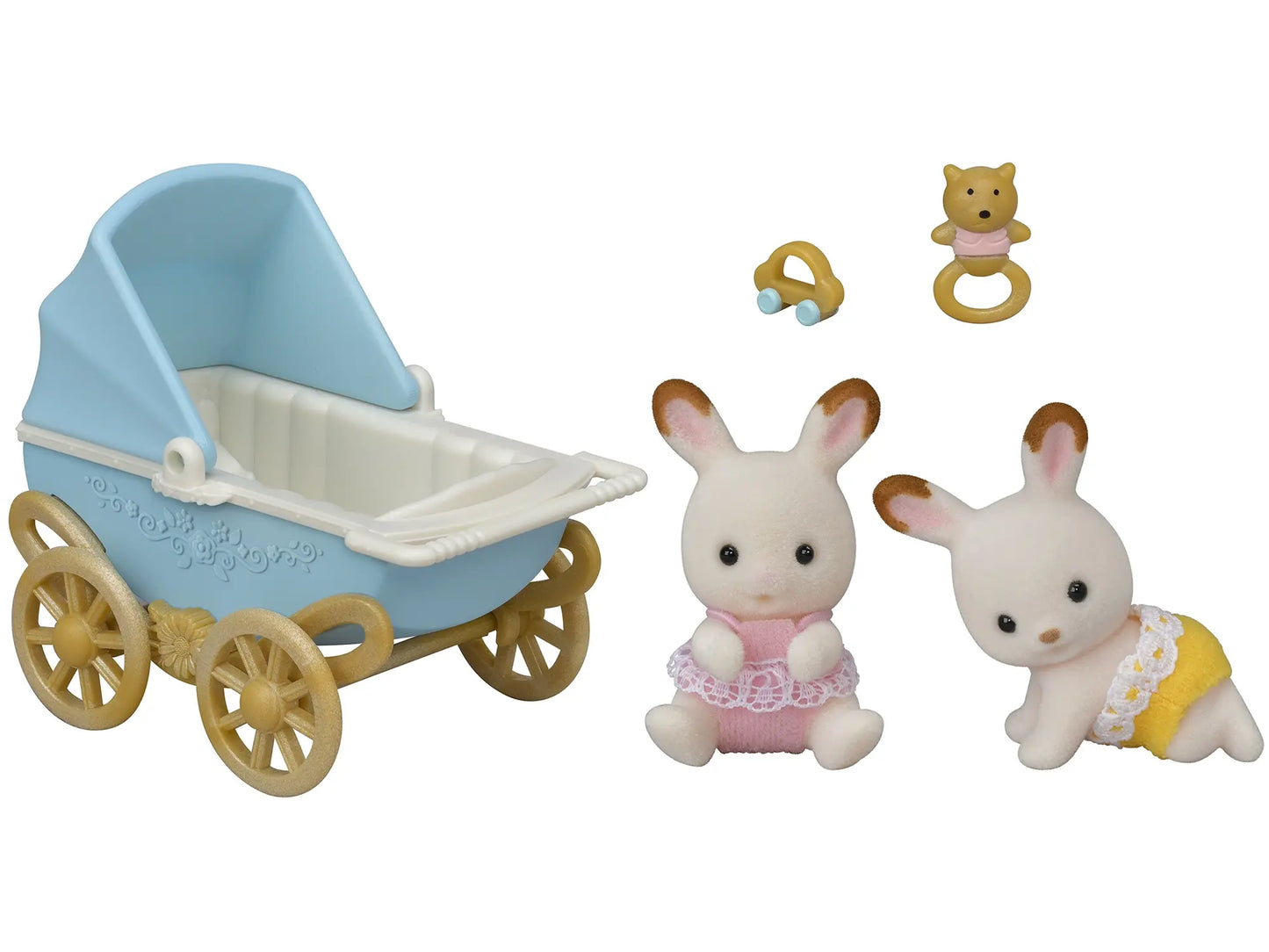 Sylvanian zestaw z bliźniakami królików z czekoladowymi uszkami i wózek dziecięcy