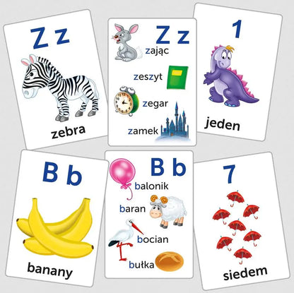 Litery i cyfry obrazkowe karty edukacyjne