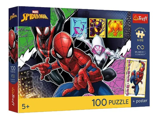 Puzzle Premium Plus Kids UFT Marvel 100 el., Bohaterski pająk i kolekcjonerski plakat