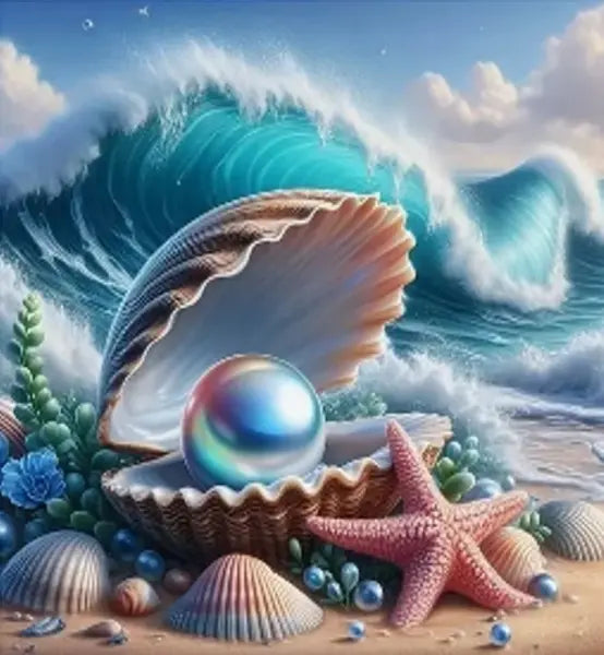 Diamentowa mozaika - Perła w małży na plaży 30x40cm