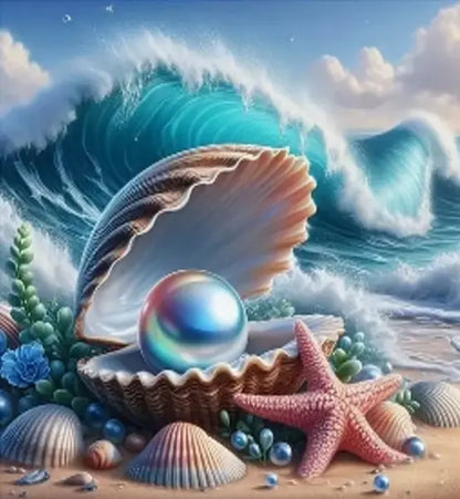 Diamentowa mozaika - Perła w małży na plaży 30x40cm