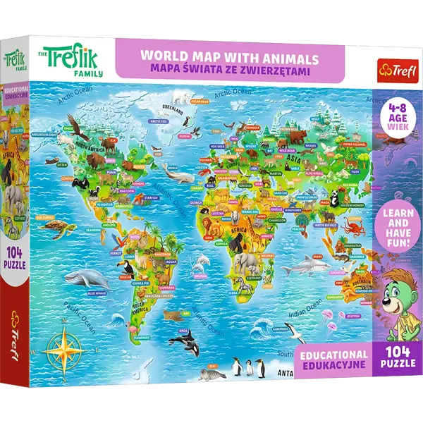 Puzzle Rodzina Treflików, Edukacyjne 104 el. Mapa świata ze zwierzętami