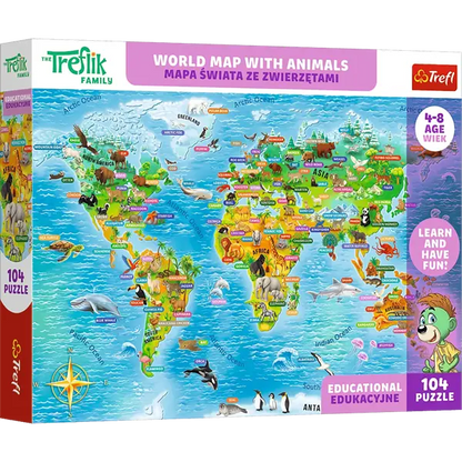 Puzzle Rodzina Treflików, Edukacyjne 104 el. Mapa świata ze zwierzętami