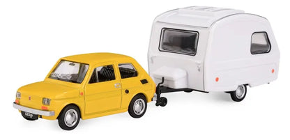 Fiat 126p żółty + przyczepa kempingowa Niewiadów K-607