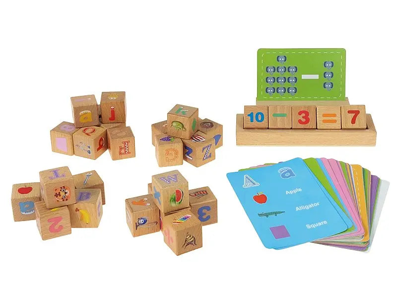 Zestaw klocków 3x3x3cm i kart edukacyjnych