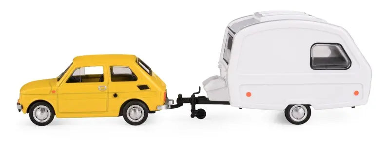 Fiat 126p żółty + przyczepa kempingowa Niewiadów K-607
