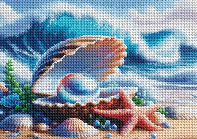 Diamentowa mozaika - Perła w małży na plaży 30x40cm