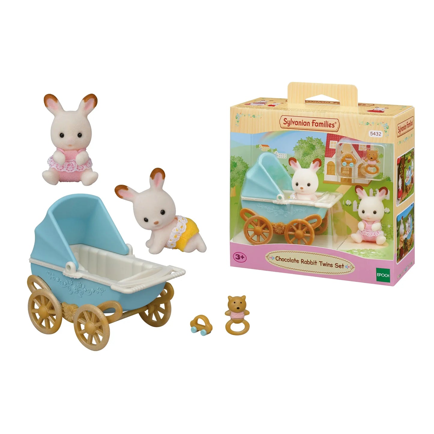 Sylvanian zestaw z bliźniakami królików z czekoladowymi uszkami i wózek dziecięcy