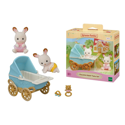 Sylvanian zestaw z bliźniakami królików z czekoladowymi uszkami i wózek dziecięcy