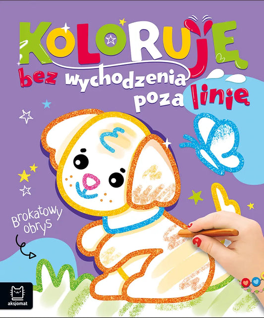 Koloruję bez wychodzenia poza linię brokatowy obrys z pieskiem