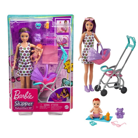 Barbie lalka opiekunka Skipper wózek + bobas GXT34