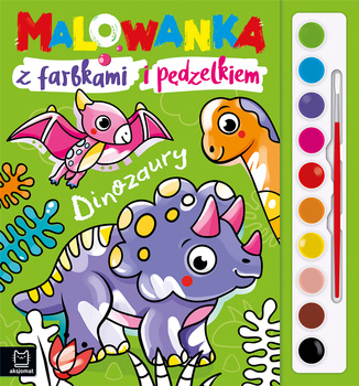 Malowanka z farbkami i pędzelkiem. Dinozaury